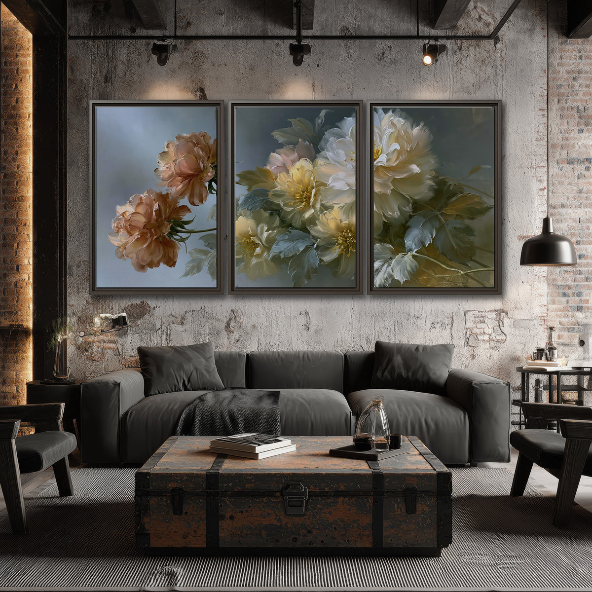 Cream, blush and rust-colored garden flowers gathered against a muted blue-gray background 3 piece framed canvas wall art displayed in a industrial room