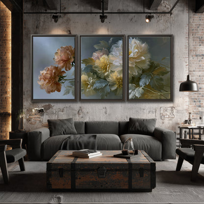 Cream, blush and rust-colored garden flowers gathered against a muted blue-gray background 3 piece framed canvas wall art displayed in a industrial room