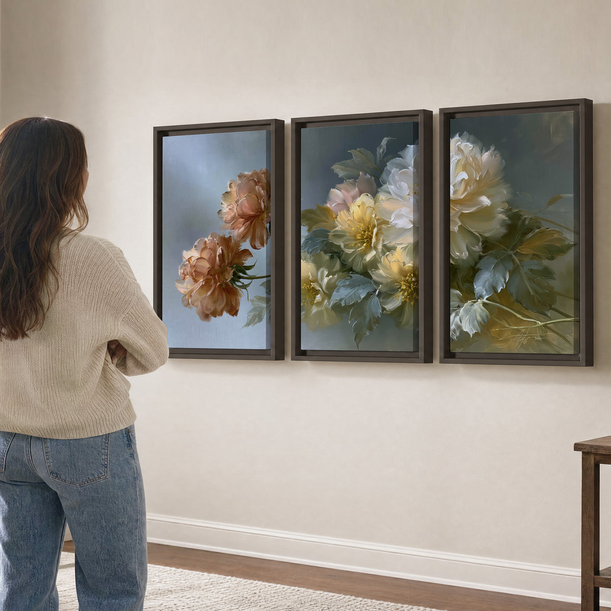 Cream, blush and rust-colored garden flowers gathered against a muted blue-gray background 3 piece framed canvas wall art three panel arrangement on a wall