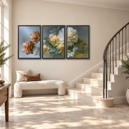 Cream, blush and rust-colored garden flowers gathered against a muted blue-gray background 3 piece framed canvas wall art styled in an interior