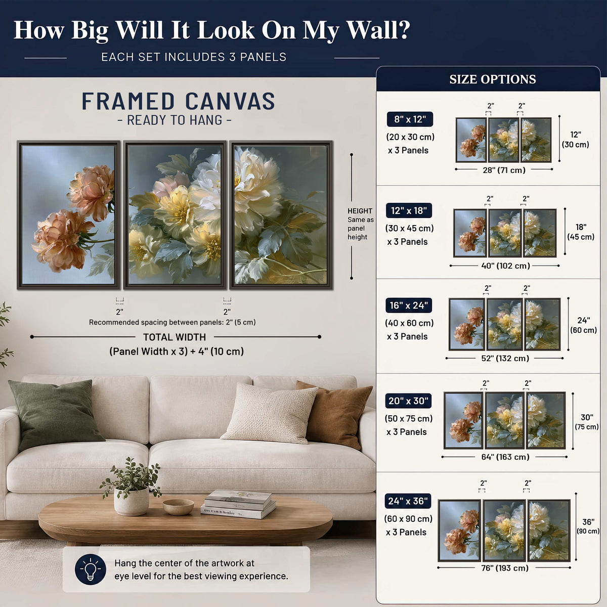 Cream, blush and rust-colored garden flowers gathered against a muted blue-gray background 3 piece framed canvas wall art size guide above a sofa; room view is illustrative
