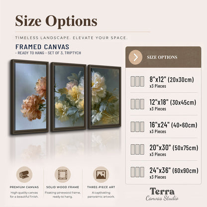 Cream, blush and rust-colored garden flowers gathered against a muted blue-gray background 3 piece framed canvas wall art available dimensions; triptych dimensions are per panel