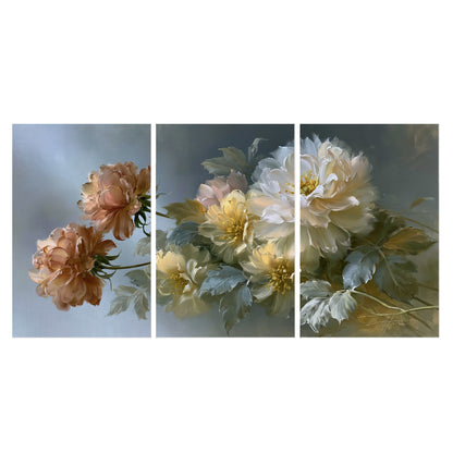 Cream, blush and rust-colored garden flowers gathered against a muted blue-gray background set of 3 poster prints viewed straight on