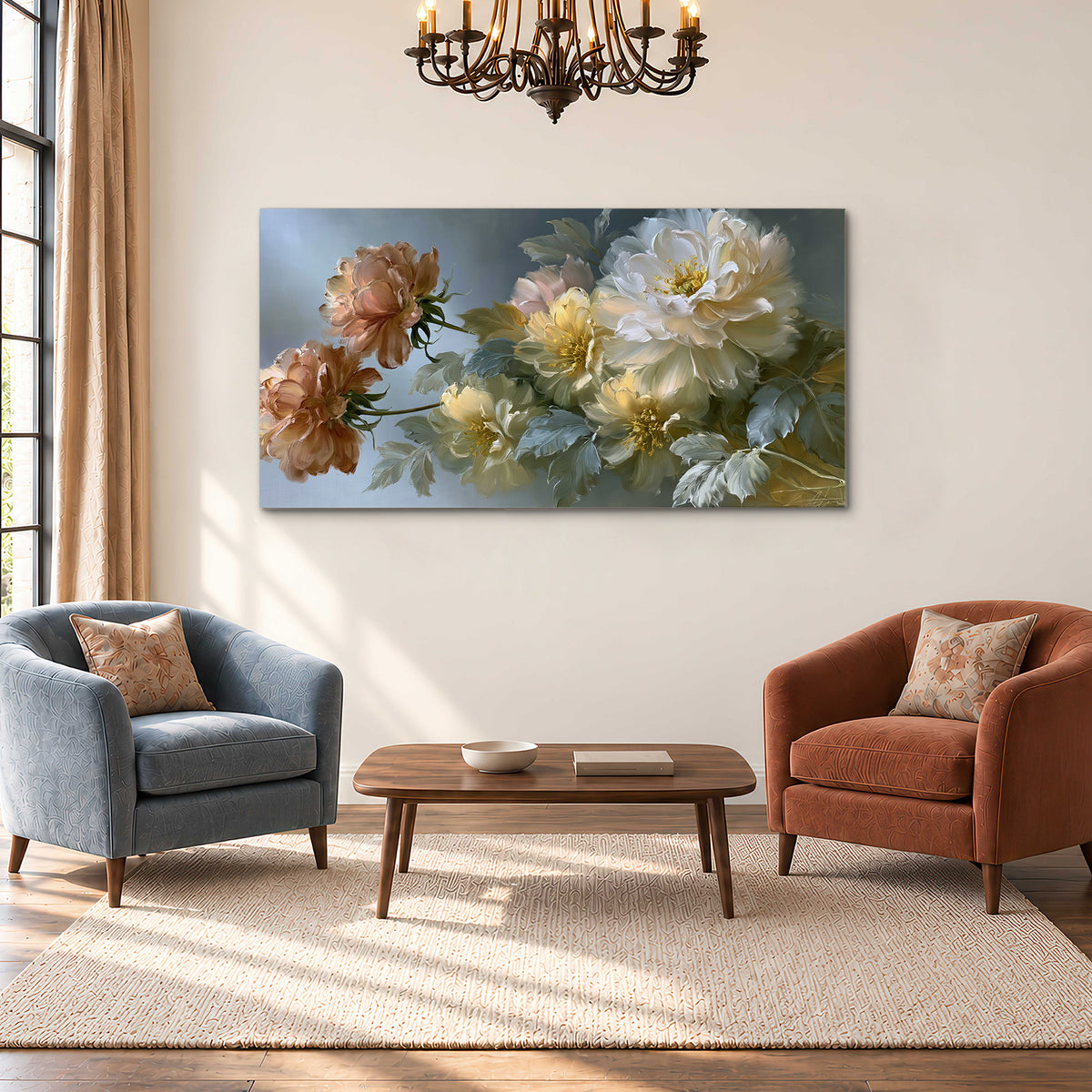 Cream, blush and rust-colored garden flowers gathered against a muted blue-gray background single canvas wall art styled in an interior
