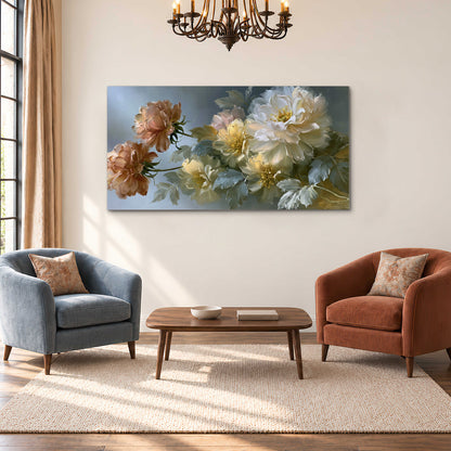 Cream, blush and rust-colored garden flowers gathered against a muted blue-gray background single canvas wall art styled in an interior