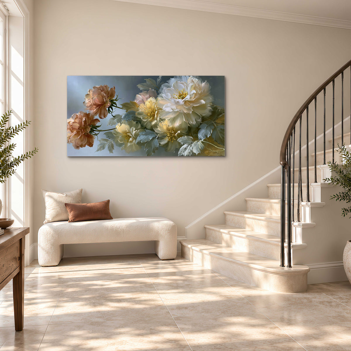 Cream, blush and rust-colored garden flowers gathered against a muted blue-gray background single canvas wall art styled in an interior