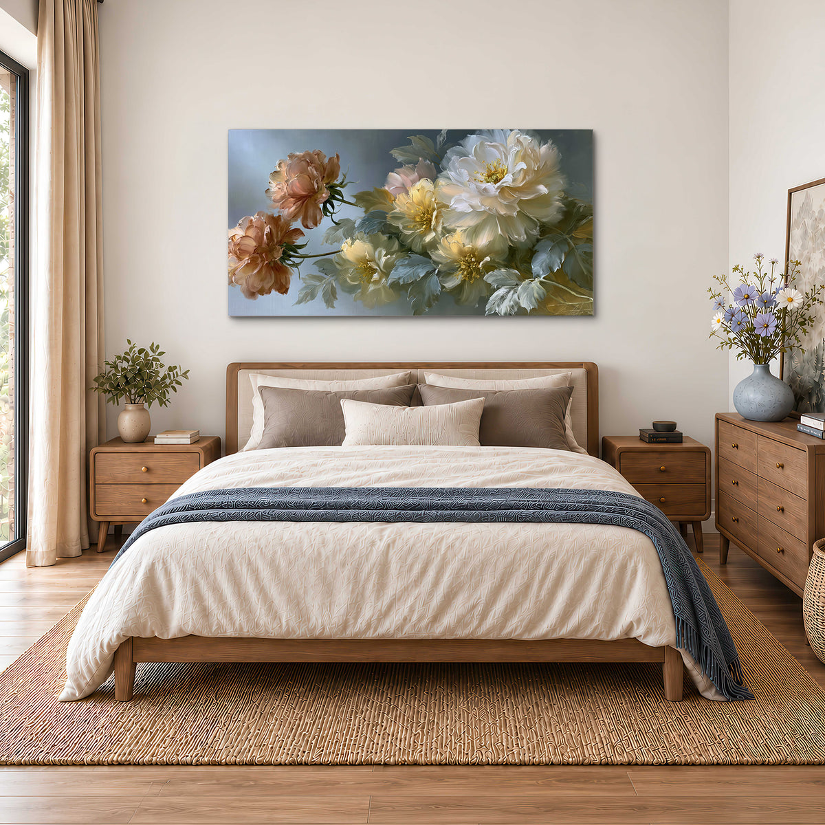 Cream, blush and rust-colored garden flowers gathered against a muted blue-gray background single canvas wall art styled in an interior