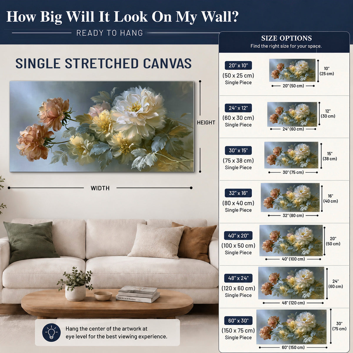 Cream, blush and rust-colored garden flowers gathered against a muted blue-gray background single canvas wall art size guide above a sofa; room view is illustrative