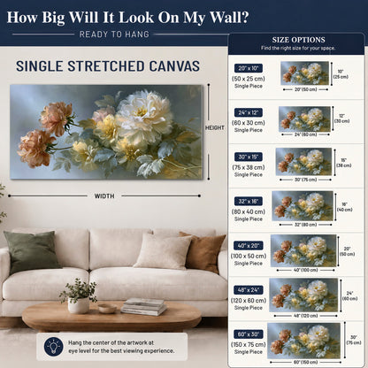 Cream, blush and rust-colored garden flowers gathered against a muted blue-gray background single canvas wall art size guide above a sofa; room view is illustrative
