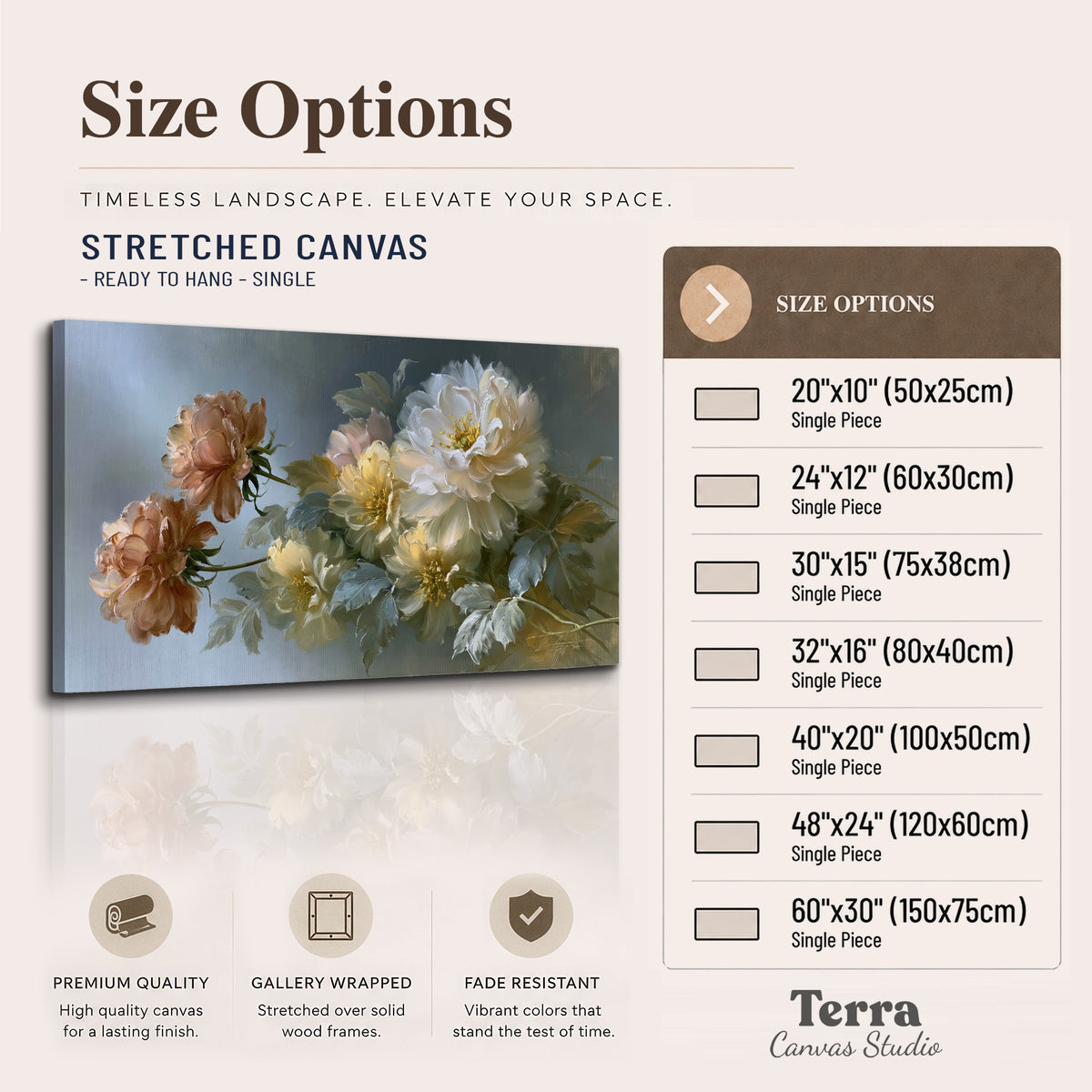 Cream, blush and rust-colored garden flowers gathered against a muted blue-gray background single canvas wall art available dimensions