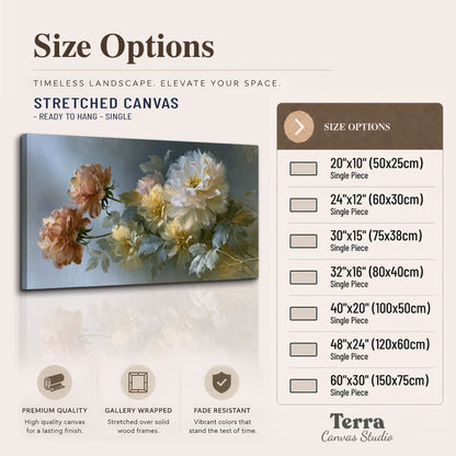 Cream, blush and rust-colored garden flowers gathered against a muted blue-gray background single canvas wall art available dimensions