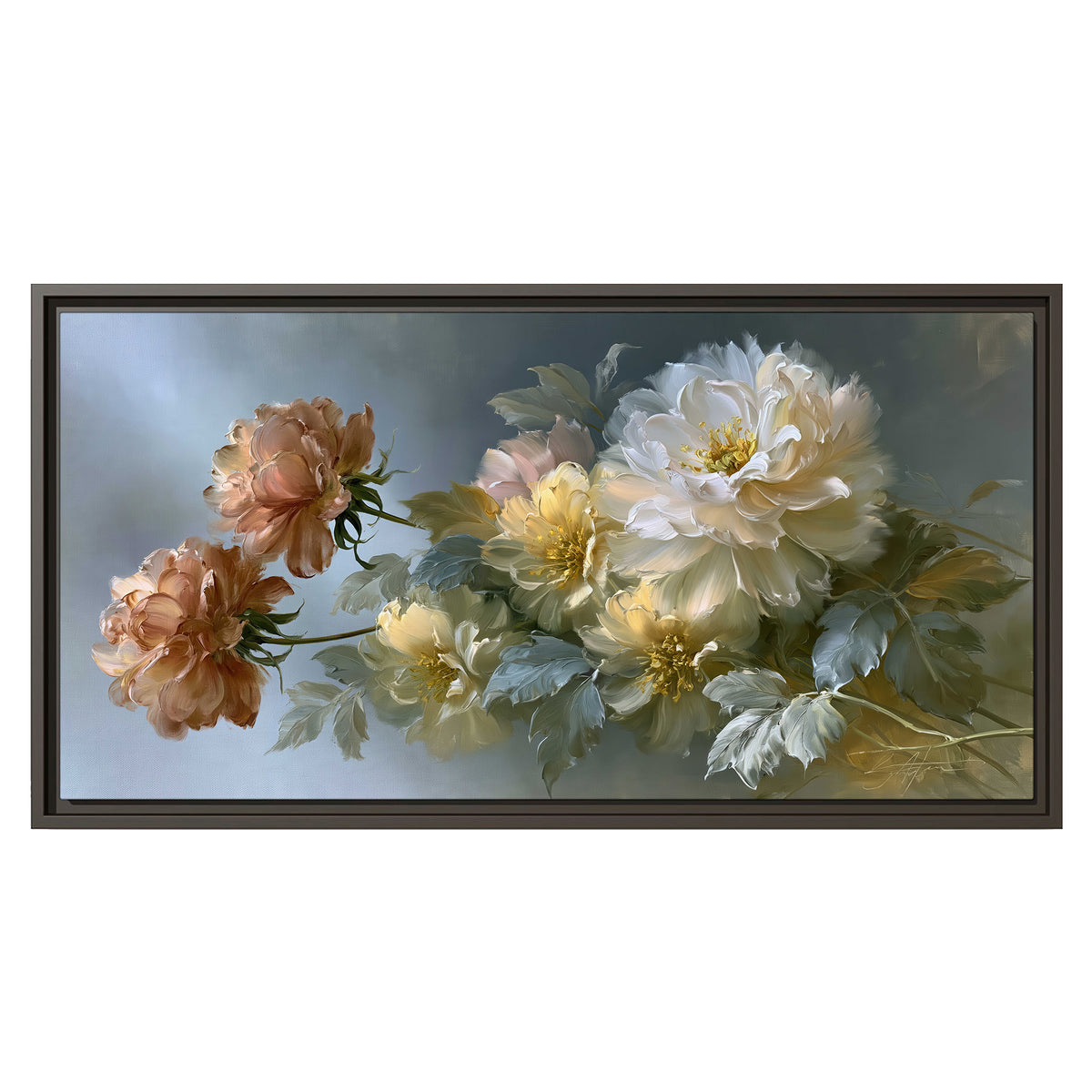 Cream, blush and rust-colored garden flowers gathered against a muted blue-gray background single framed canvas wall art viewed straight on