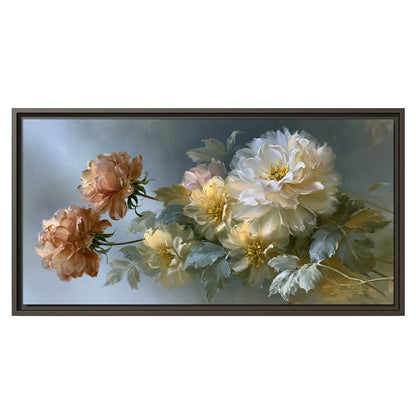 Cream, blush and rust-colored garden flowers gathered against a muted blue-gray background single framed canvas wall art viewed straight on