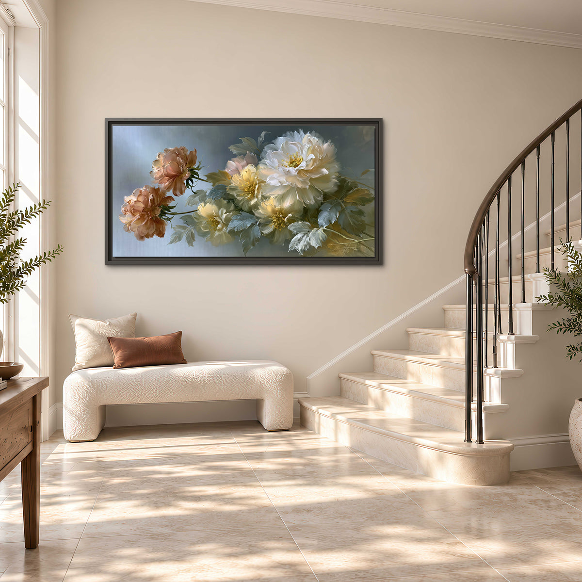 Cream, blush and rust-colored garden flowers gathered against a muted blue-gray background single framed canvas wall art styled in an interior