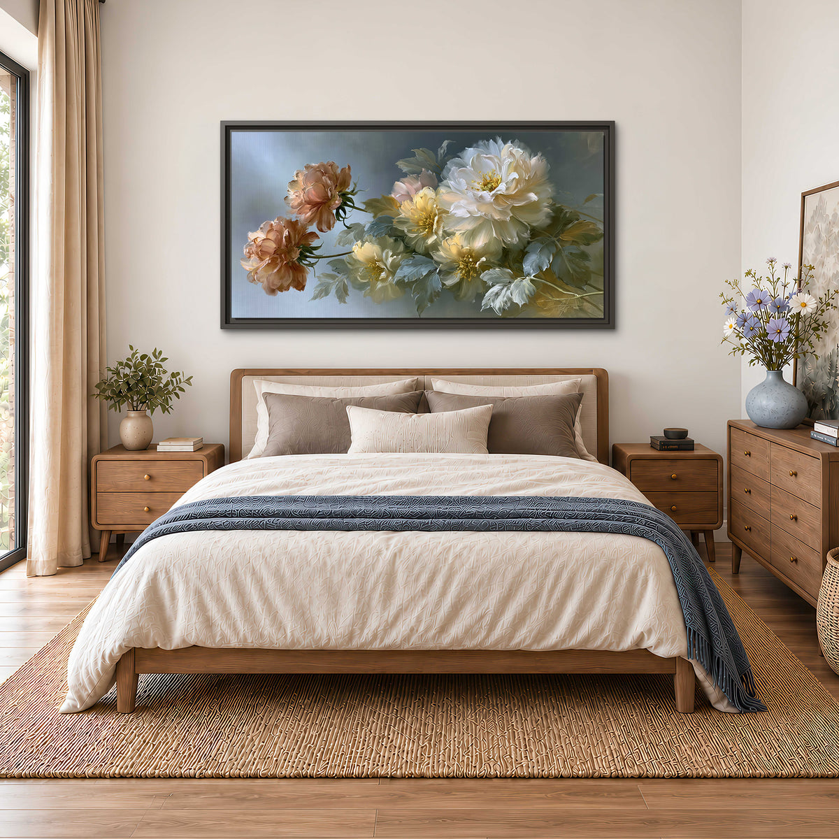 Cream, blush and rust-colored garden flowers gathered against a muted blue-gray background single framed canvas wall art styled in an interior
