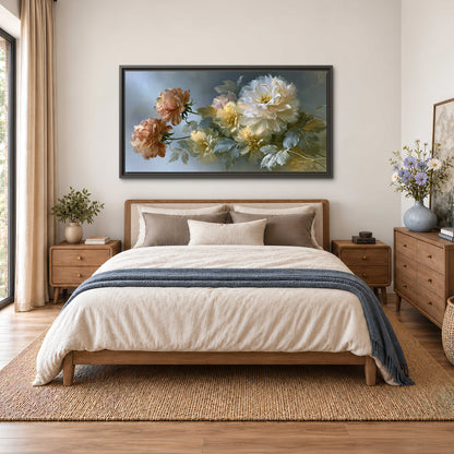 Cream, blush and rust-colored garden flowers gathered against a muted blue-gray background single framed canvas wall art styled in an interior