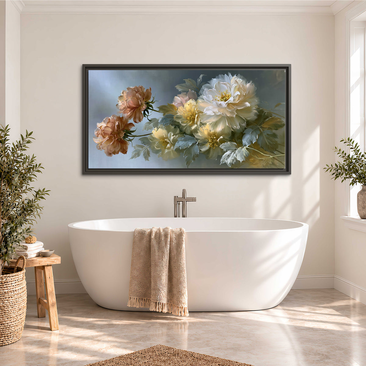Cream, blush and rust-colored garden flowers gathered against a muted blue-gray background single framed canvas wall art styled in an interior