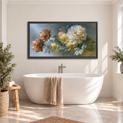 Cream, blush and rust-colored garden flowers gathered against a muted blue-gray background single framed canvas wall art styled in an interior