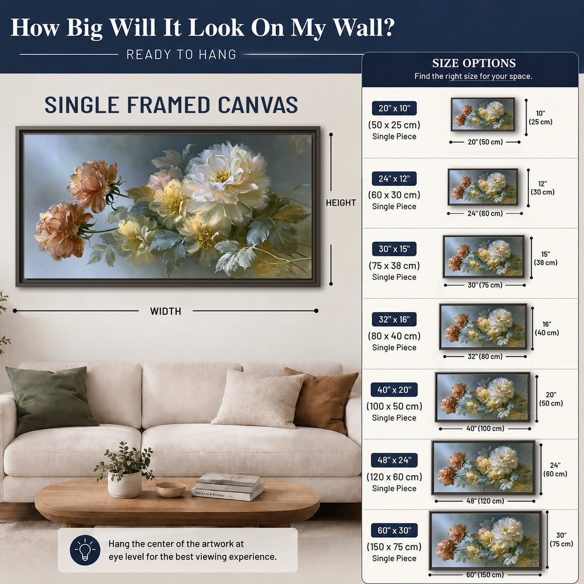 Cream, blush and rust-colored garden flowers gathered against a muted blue-gray background single framed canvas wall art size guide above a sofa; room view is illustrative