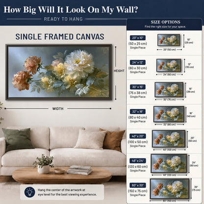 Cream, blush and rust-colored garden flowers gathered against a muted blue-gray background single framed canvas wall art size guide above a sofa; room view is illustrative