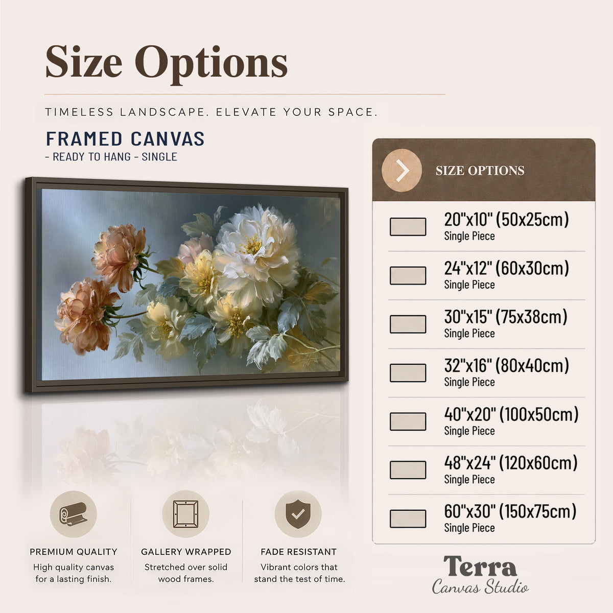 Cream, blush and rust-colored garden flowers gathered against a muted blue-gray background single framed canvas wall art available dimensions