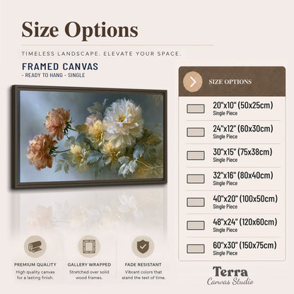 Cream, blush and rust-colored garden flowers gathered against a muted blue-gray background single framed canvas wall art available dimensions
