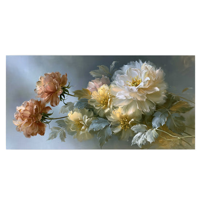 Cream, blush and rust-colored garden flowers gathered against a muted blue-gray background single poster print viewed straight on