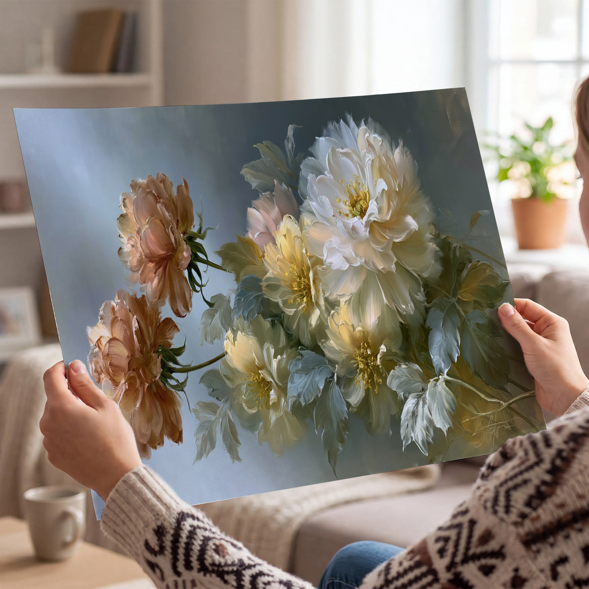 Cream, blush and rust-colored garden flowers gathered against a muted blue-gray background single poster print held in hands