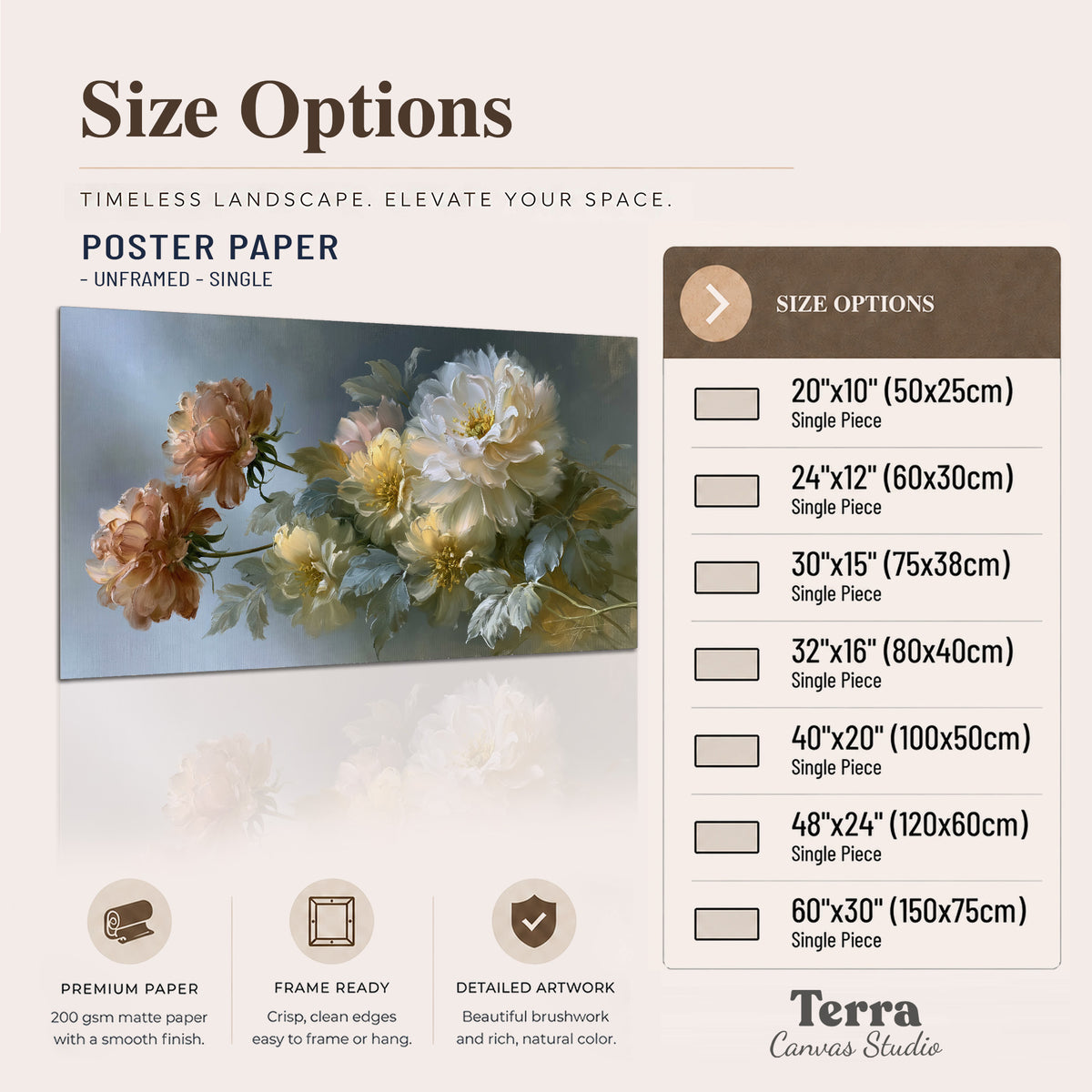 Cream, blush and rust-colored garden flowers gathered against a muted blue-gray background single poster print available dimensions