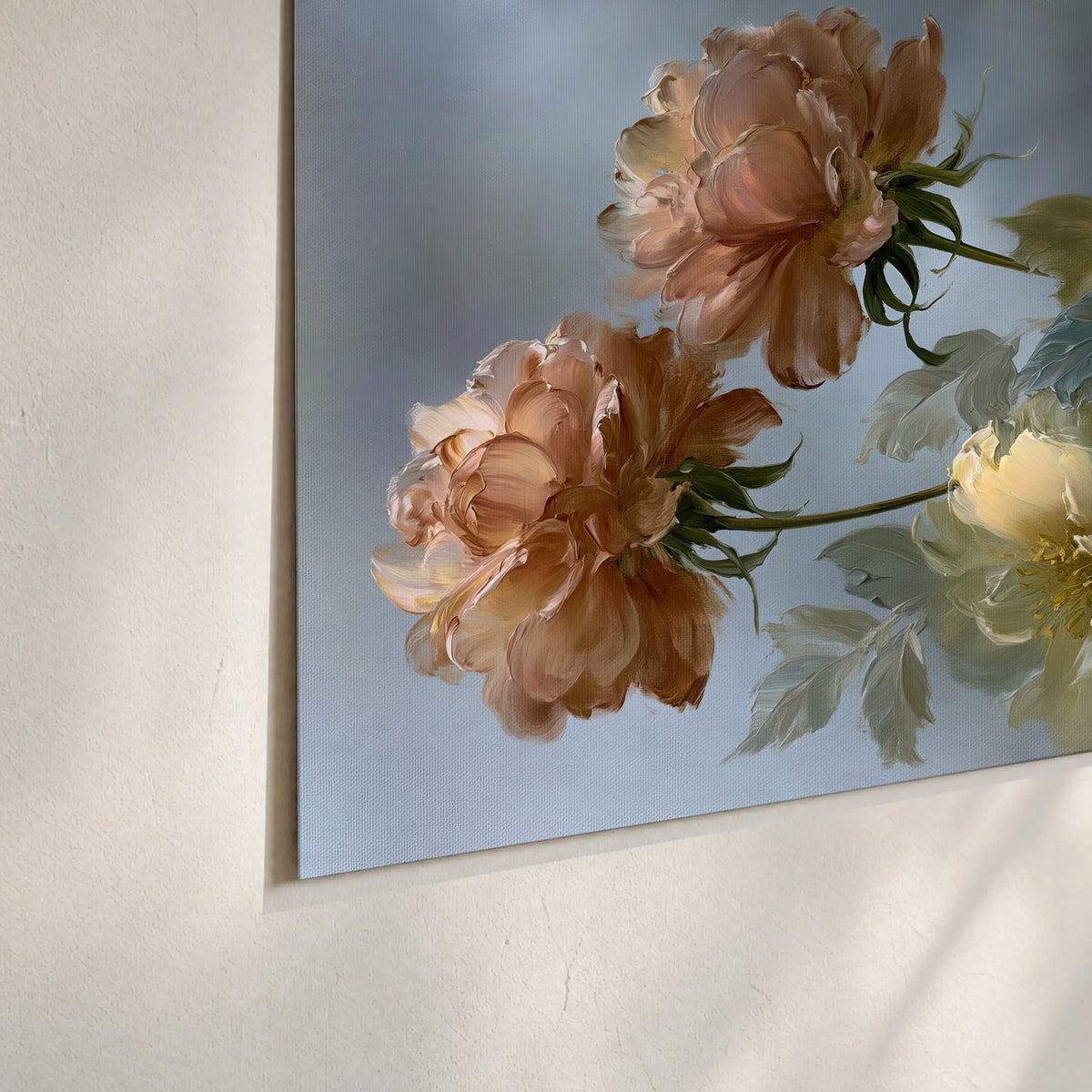 Cream, blush and rust-colored garden flowers gathered against a muted blue-gray background set of 3 poster prints material and edge close up