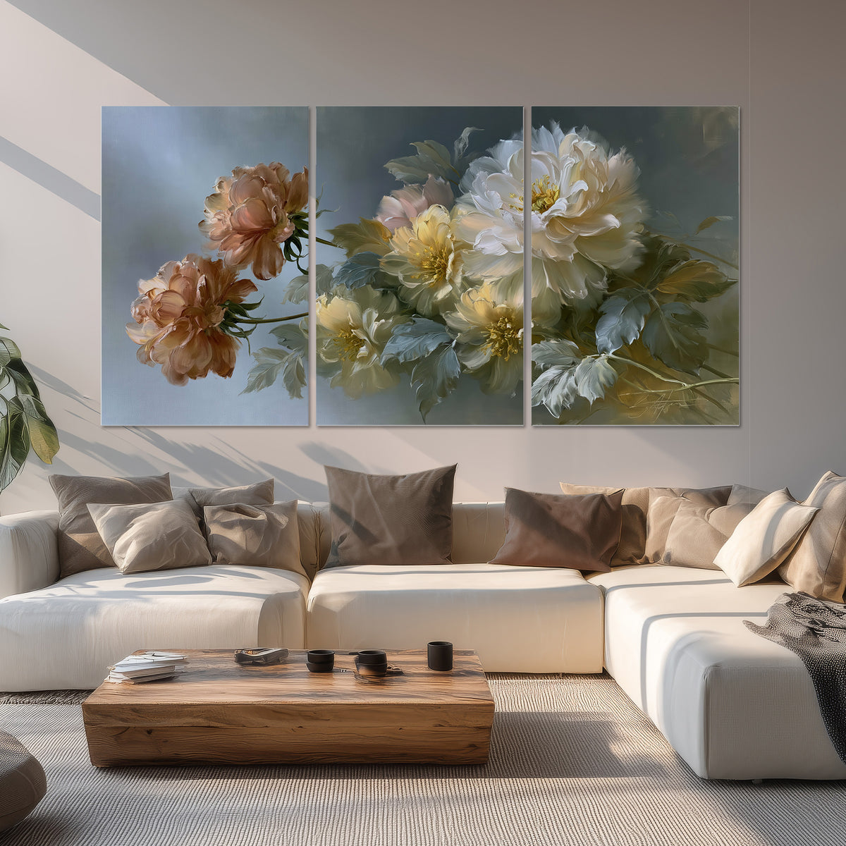 Cream, blush and rust-colored garden flowers gathered against a muted blue-gray background set of 3 poster prints displayed in a living room