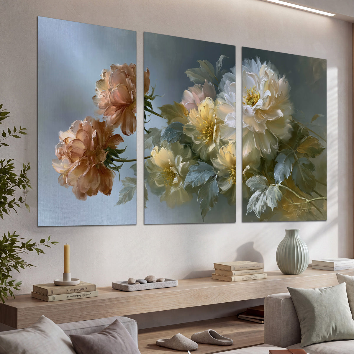 Cream, blush and rust-colored garden flowers gathered against a muted blue-gray background set of 3 poster prints displayed in a console
