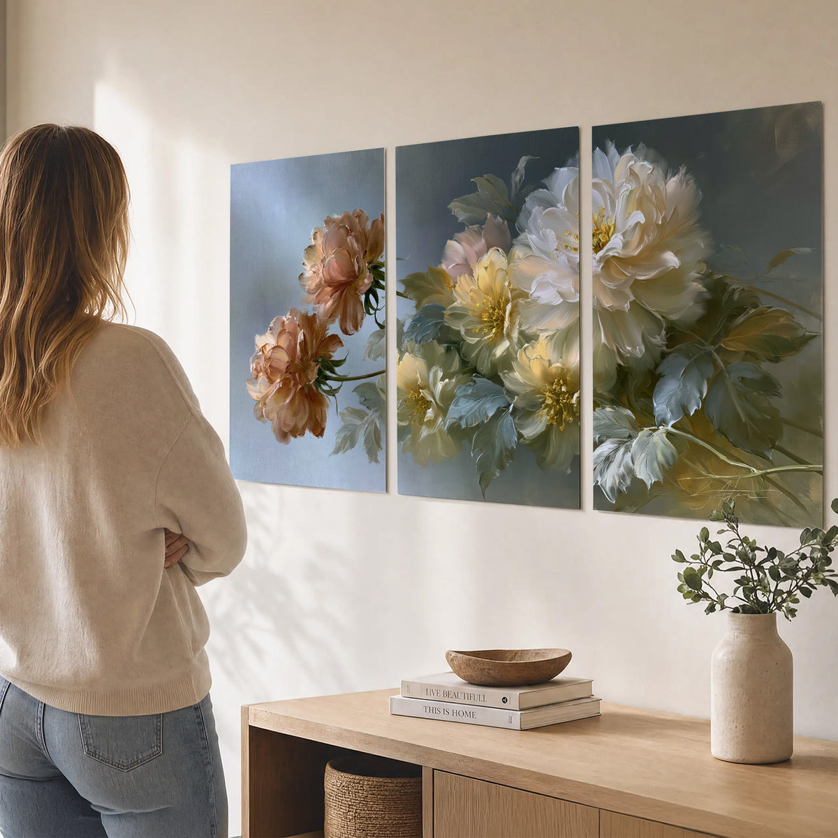 Cream, blush and rust-colored garden flowers gathered against a muted blue-gray background set of 3 poster prints three panel arrangement on a wall