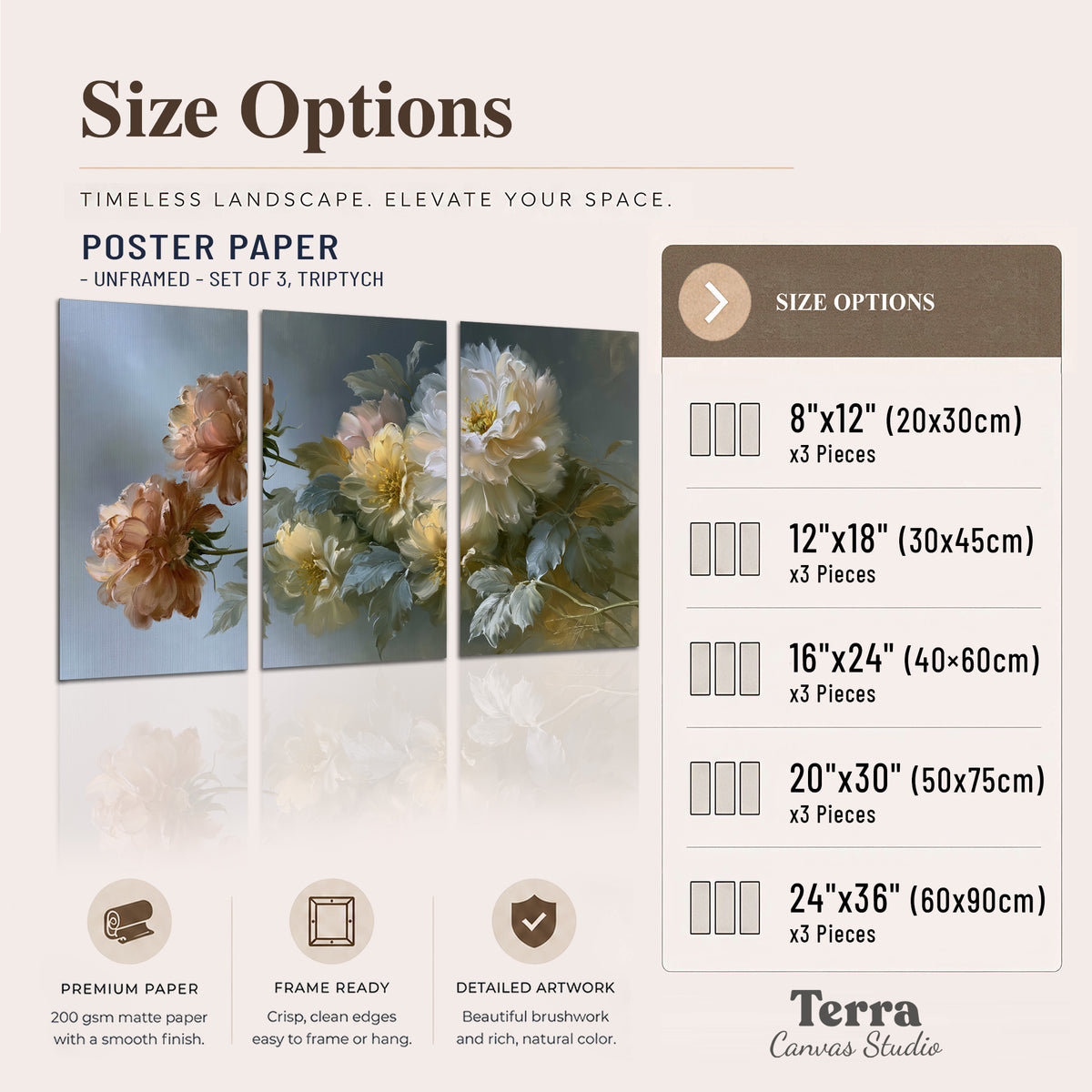 Cream, blush and rust-colored garden flowers gathered against a muted blue-gray background set of 3 poster prints available dimensions; triptych dimensions are per panel