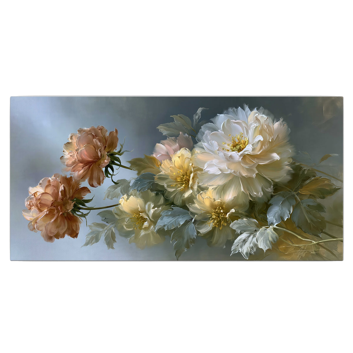 Cream, blush and rust-colored garden flowers gathered against a muted blue-gray background single canvas wall art viewed straight on
