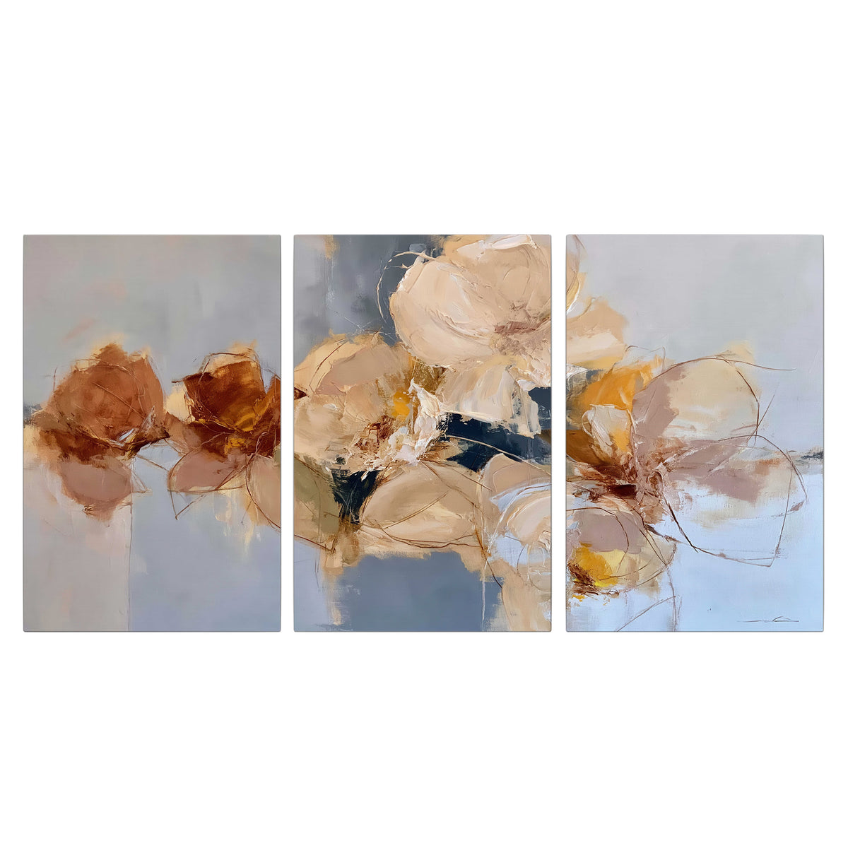 Loose ivory and ochre flower forms layered over a pale blue painterly background 3 piece canvas wall art viewed straight on