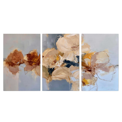 Loose ivory and ochre flower forms layered over a pale blue painterly background 3 piece canvas wall art viewed straight on