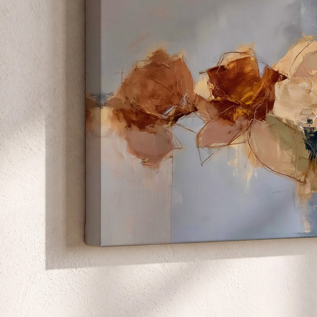 Loose ivory and ochre flower forms layered over a pale blue painterly background 3 piece canvas wall art material and edge close up