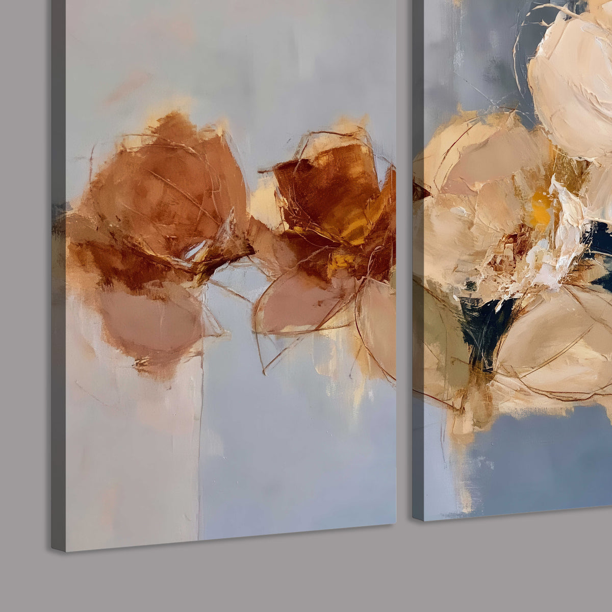 Loose ivory and ochre flower forms layered over a pale blue painterly background 3 piece canvas wall art room and product view