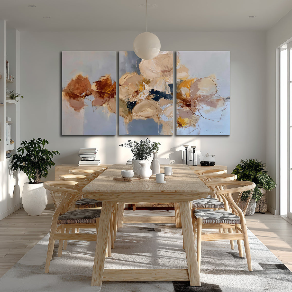 Loose ivory and ochre flower forms layered over a pale blue painterly background 3 piece canvas wall art room and product view