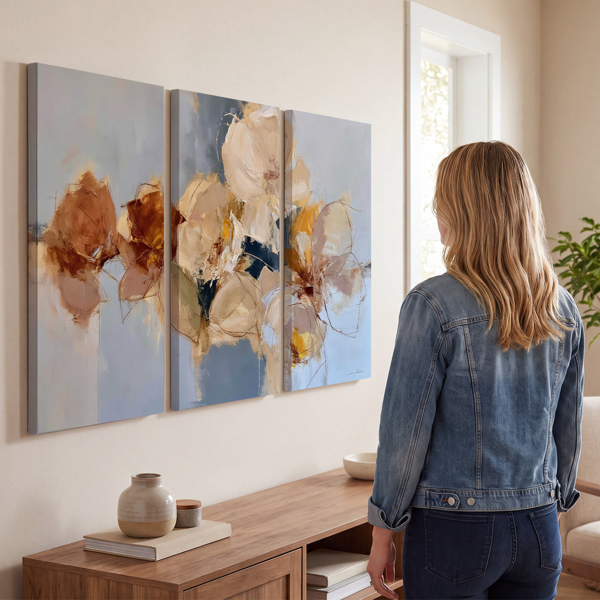 Loose ivory and ochre flower forms layered over a pale blue painterly background 3 piece canvas wall art three panel arrangement on a wall