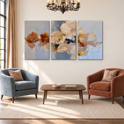 Loose ivory and ochre flower forms layered over a pale blue painterly background 3 piece canvas wall art styled in an interior