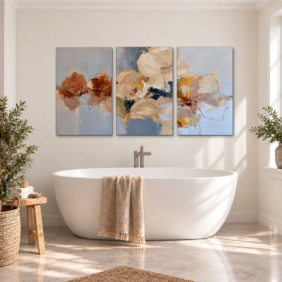 Loose ivory and ochre flower forms layered over a pale blue painterly background 3 piece canvas wall art styled in an interior