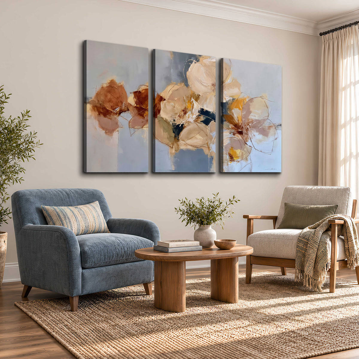 Loose ivory and ochre flower forms layered over a pale blue painterly background 3 piece canvas wall art styled in an interior