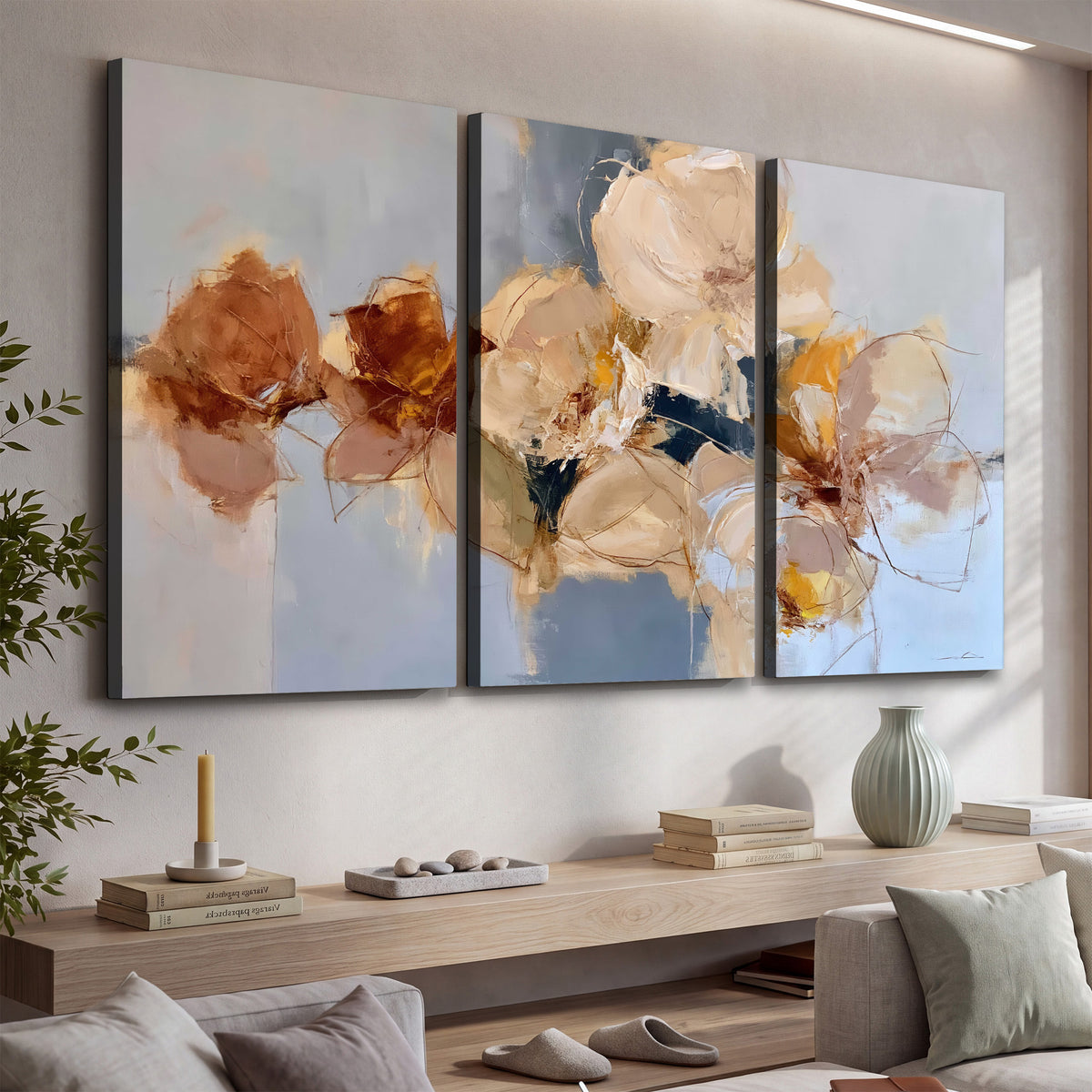 Loose ivory and ochre flower forms layered over a pale blue painterly background 3 piece canvas wall art displayed in a console