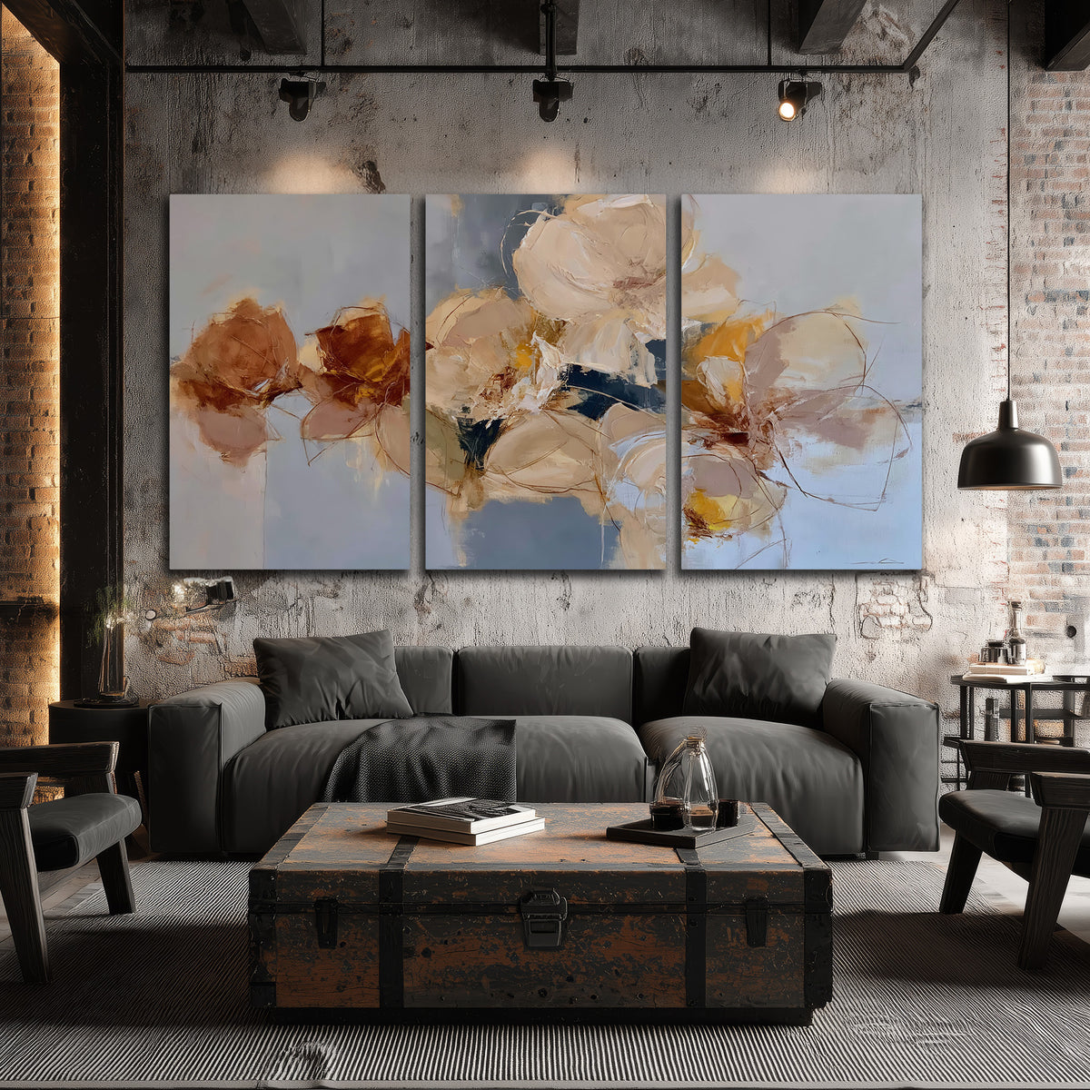 Loose ivory and ochre flower forms layered over a pale blue painterly background 3 piece canvas wall art displayed in a industrial room
