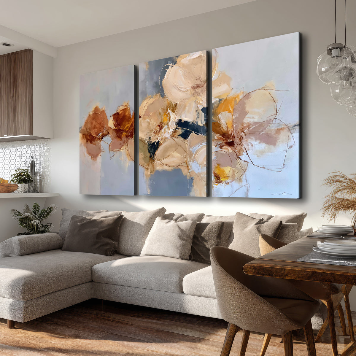 Loose ivory and ochre flower forms layered over a pale blue painterly background 3 piece canvas wall art room and product view