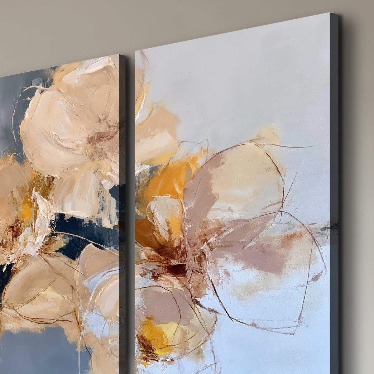 Loose ivory and ochre flower forms layered over a pale blue painterly background 3 piece canvas wall art room and product view