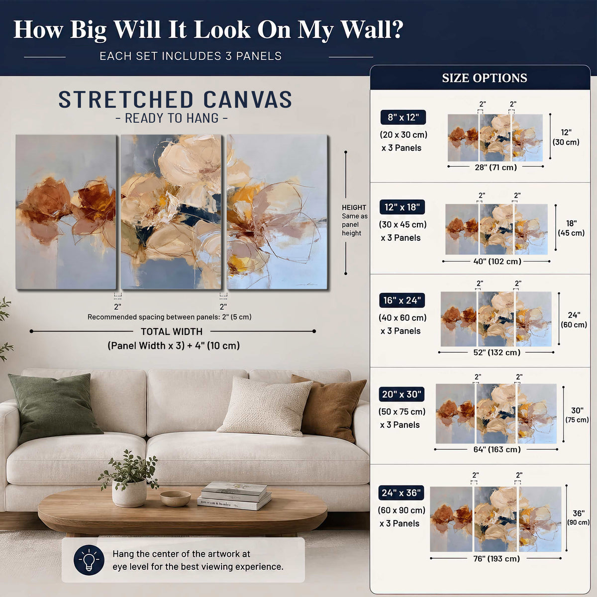 Loose ivory and ochre flower forms layered over a pale blue painterly background 3 piece canvas wall art size guide above a sofa; room view is illustrative