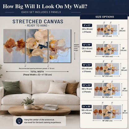 Loose ivory and ochre flower forms layered over a pale blue painterly background 3 piece canvas wall art size guide above a sofa; room view is illustrative